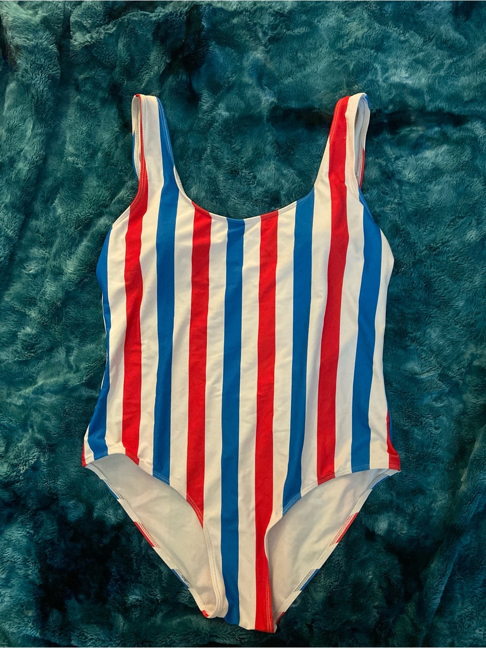 Patriotic Red White & Blue Striped Scoop Neck One Piece Swimsuit Size XXL